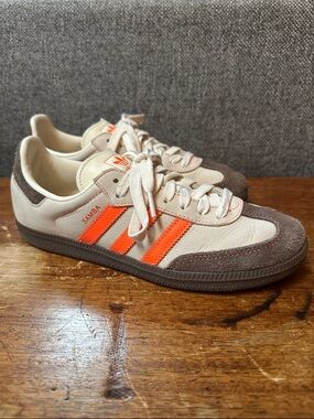 adidas Samba Cream Sneakers with Orange Stripes and Brown Suede